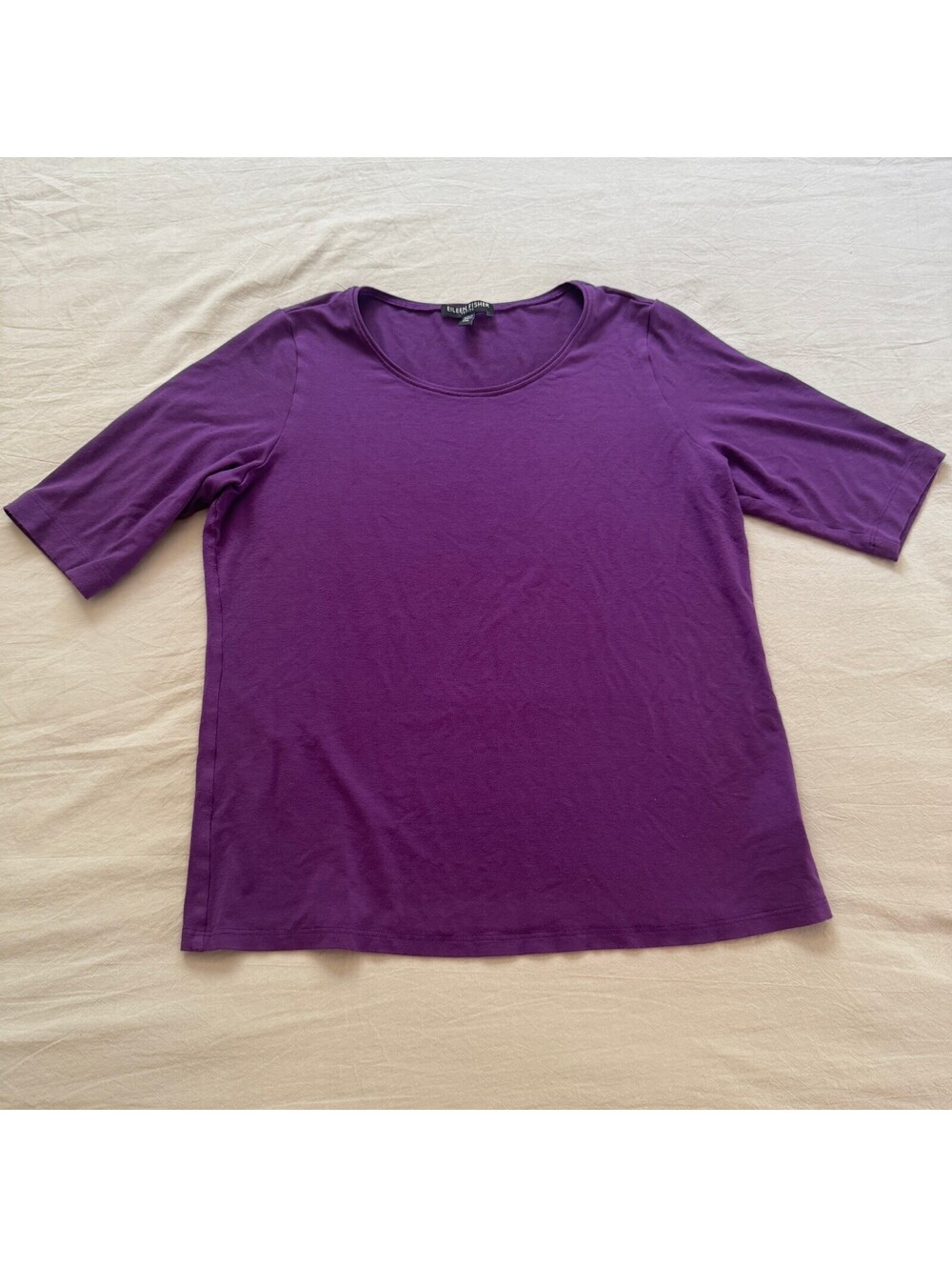 Eileen Fisher Purple Knit Scoop Neck Blouse Tee Top Elbow Sleeve Size PM